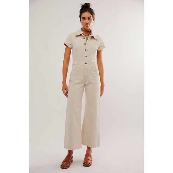 Rollas Jumpsuit White/Ivory/Cream Denim S Free People Western boho cowgirl - Picture 2 of 4